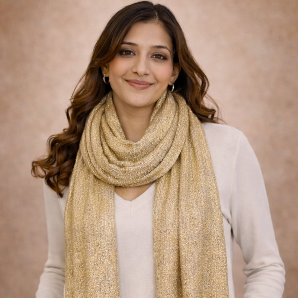 Dazzling Solid Gold Zari Weave Scarf with Fringe