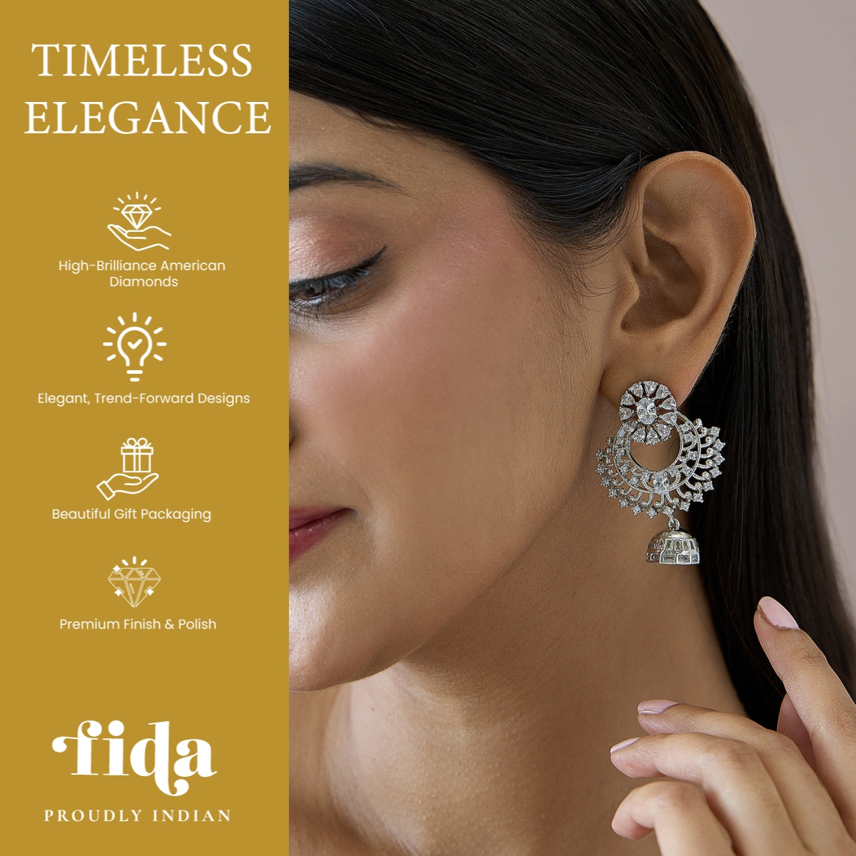 Rhodium Frost Moon AD Jhumka Earrings