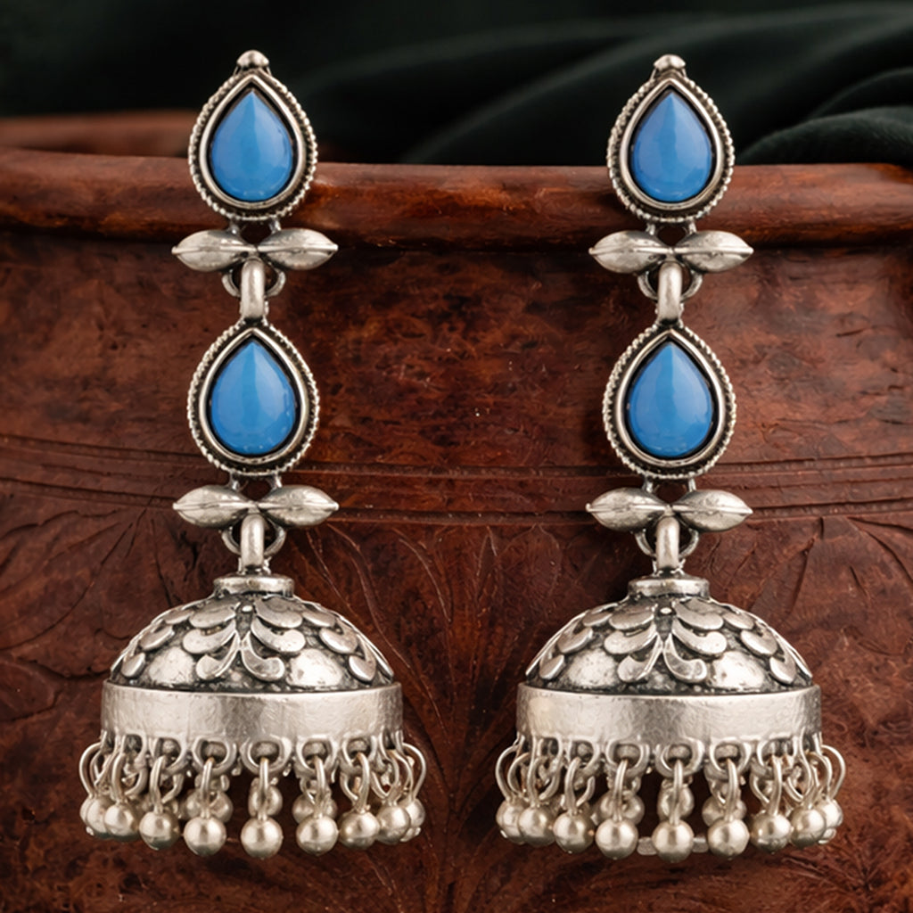 Handcrafted Oxidised Silver Blue Stone Drop Earring
