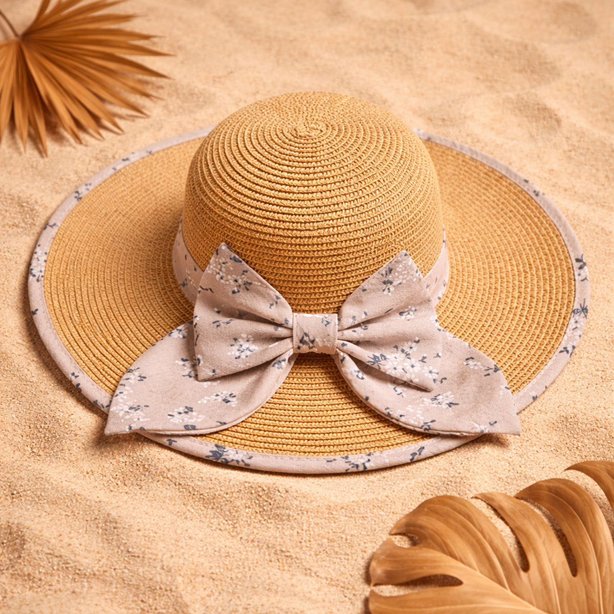 Brown Woven Straw Sun Hat with Floral Bow Back Detail