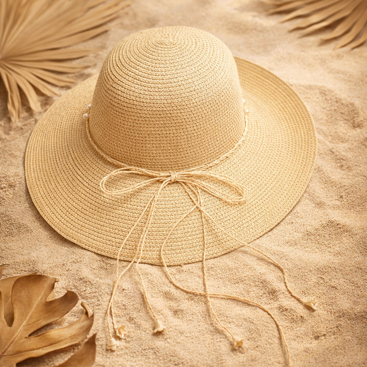 Off White Woven Straw Sun Hat with Pearl Embellishments