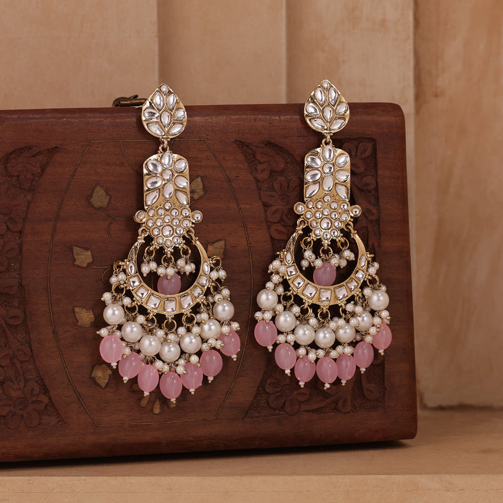 Golden Kundan Chandbali Drop Earrings with Pink Beads and Pearls