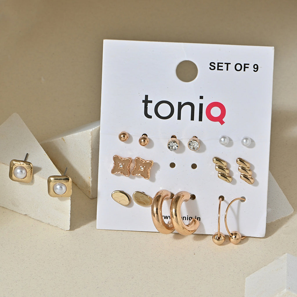 Gold-Toned, Pearl & Crystal Stud Earrings Set of 9