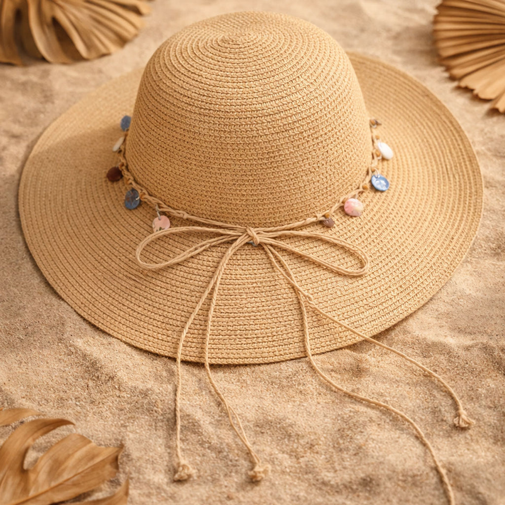 Brown Woven Straw Sun Hat with Multicolour Charms