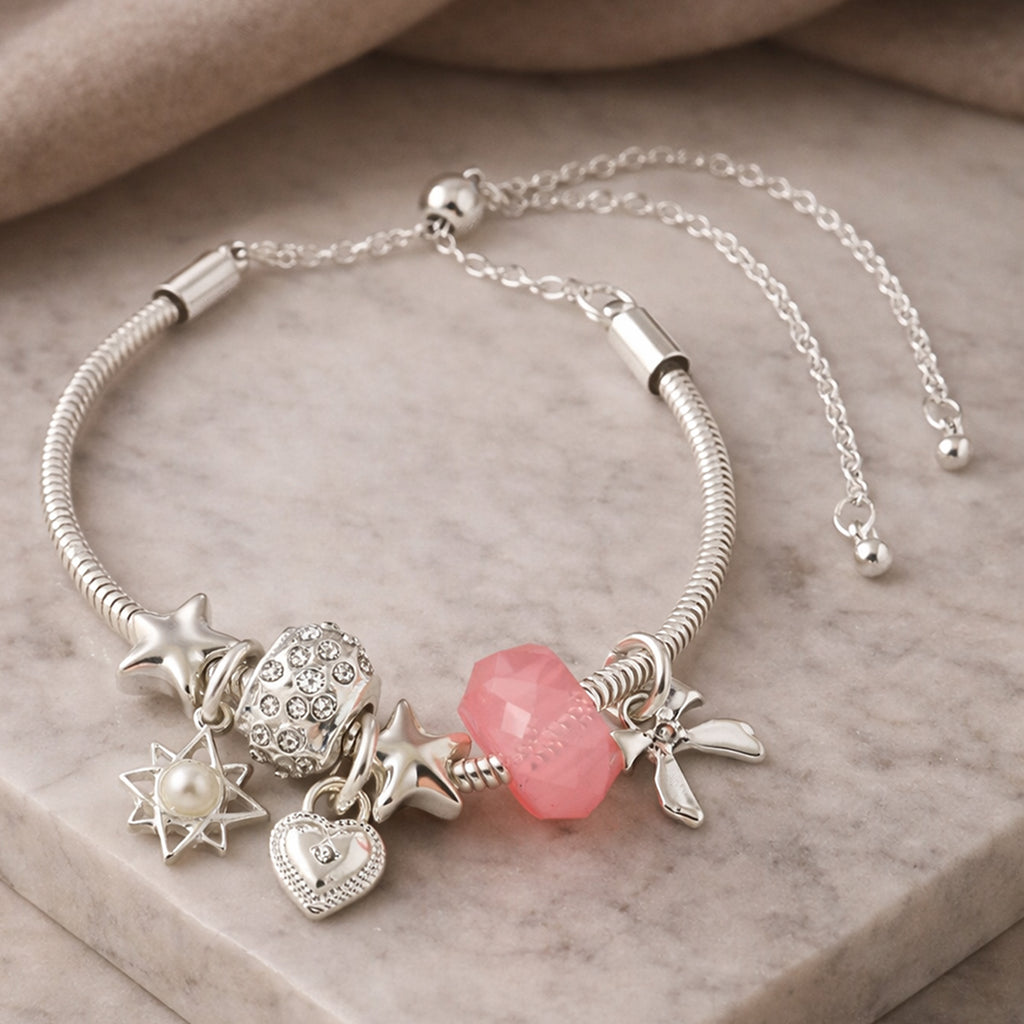 Silver-Toned Minimal Multi Charm Bracelet with Pink Bead
