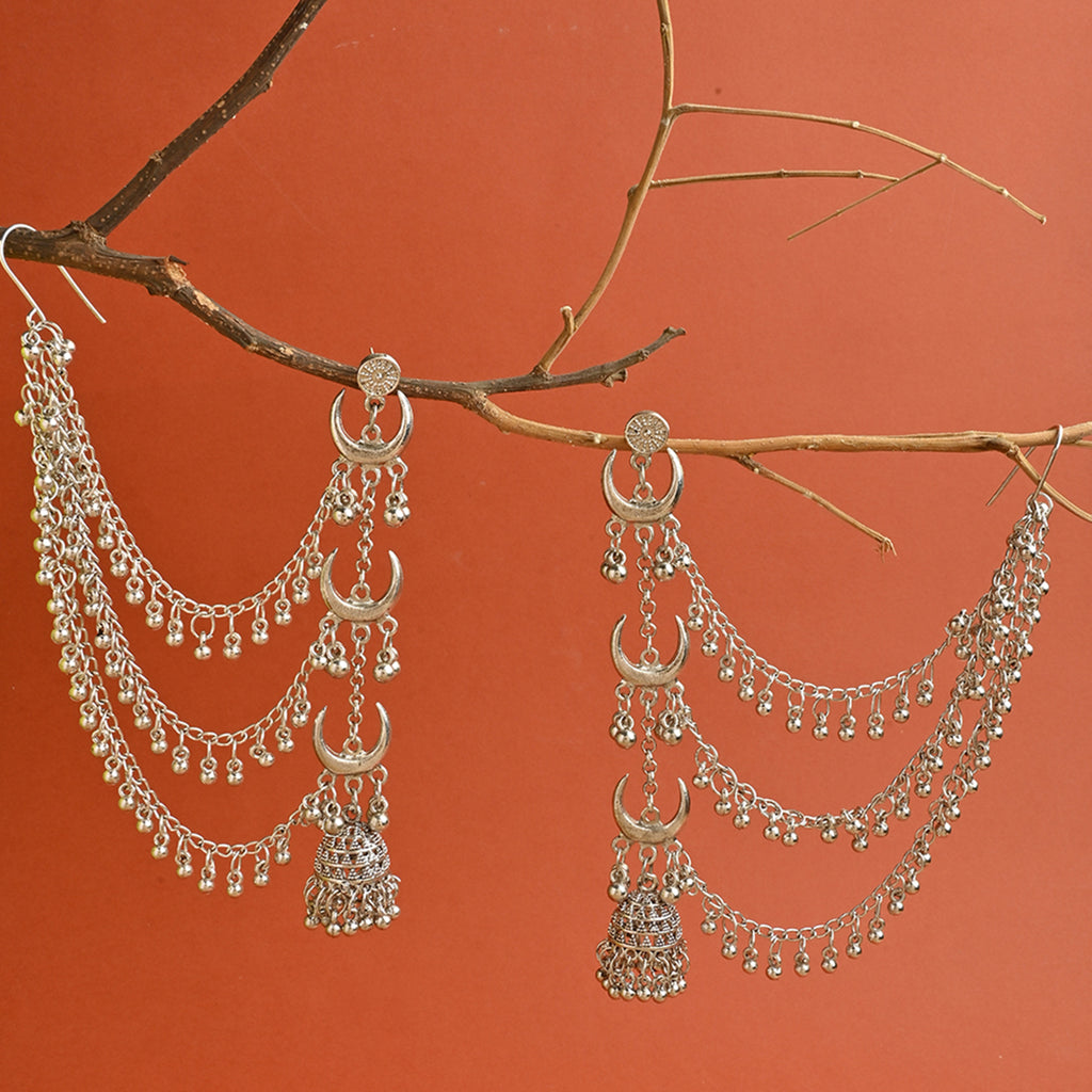 Silver Long Linear Drop Jhumka With Ear Chain