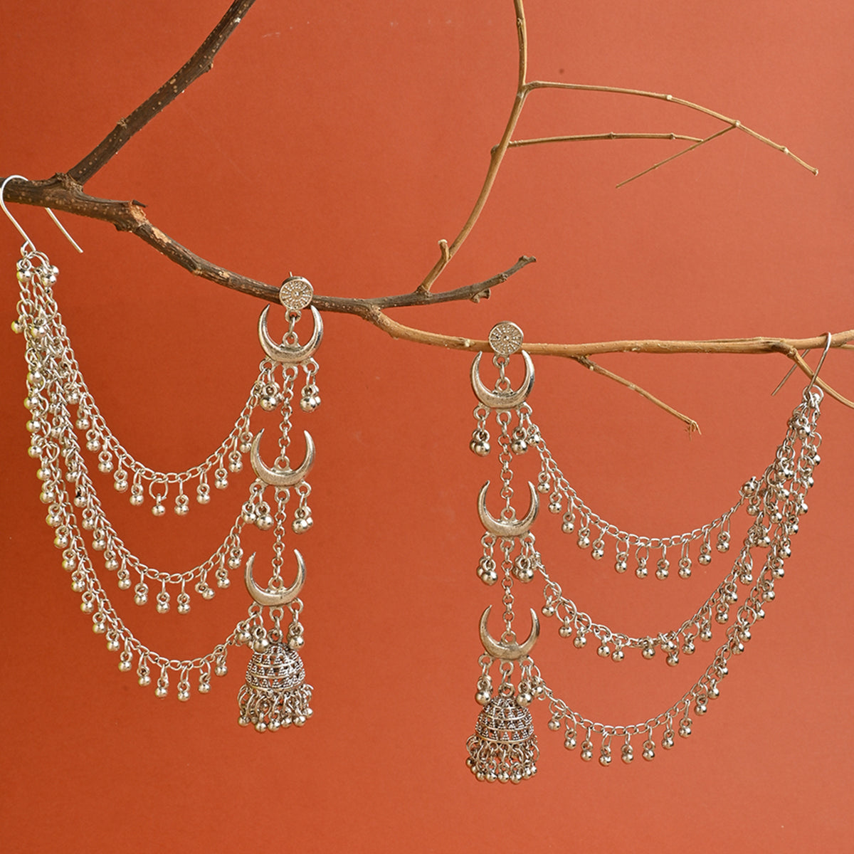 Silver Long Linear Drop Jhumka With Ear Chain