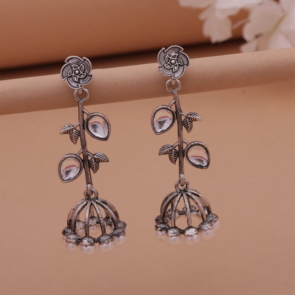 Oxidized Silver Floral Drop Jhumka Earrings with Kundan Accents & Pearls