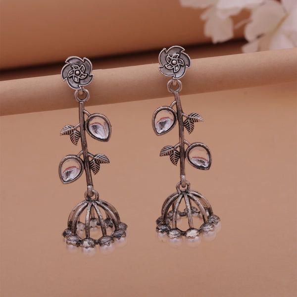 Oxidized Silver Floral Drop Jhumka Earrings with Kundan Accents & Pearls
