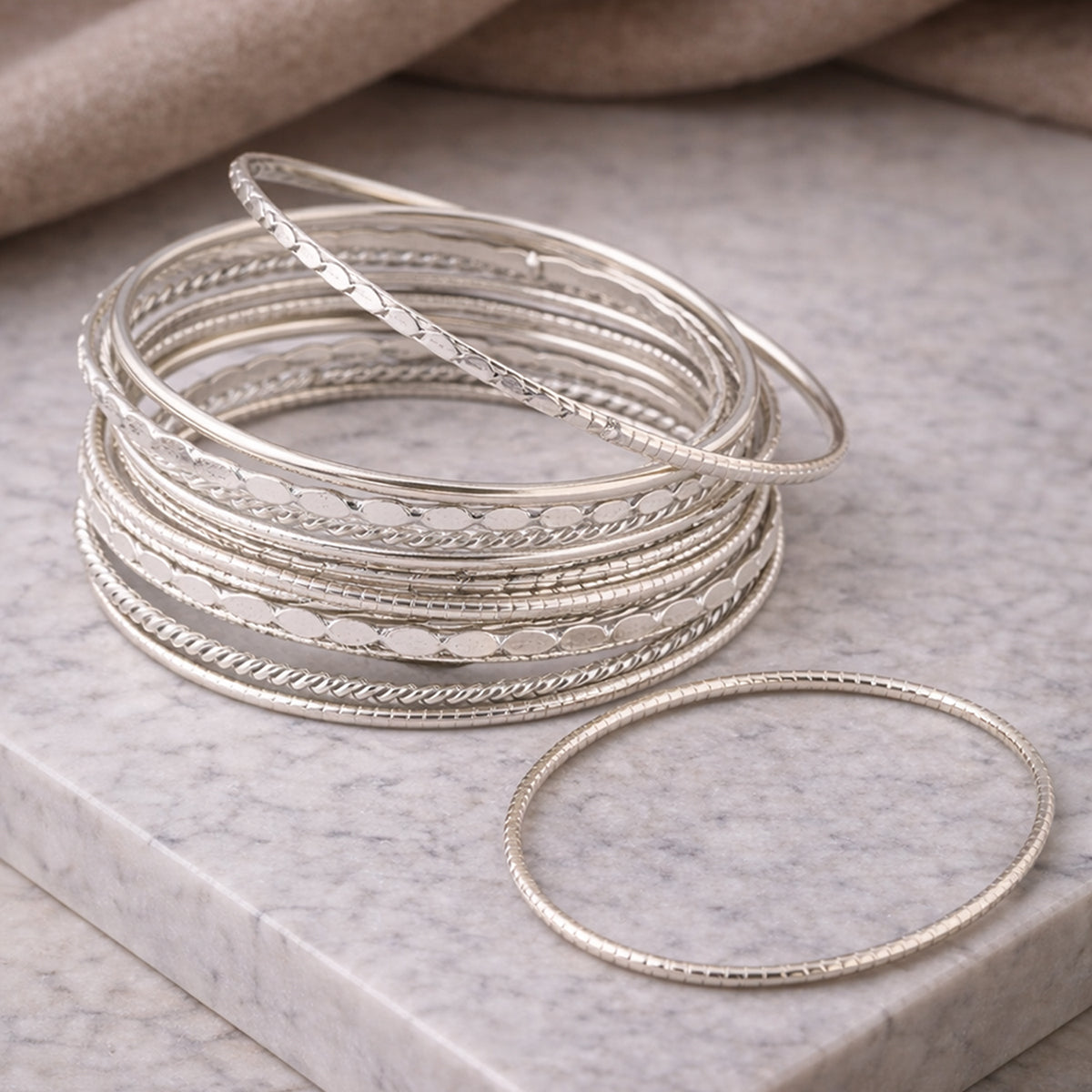 Silver-Plated Traditional Textured Bangles Set (Set of 13)