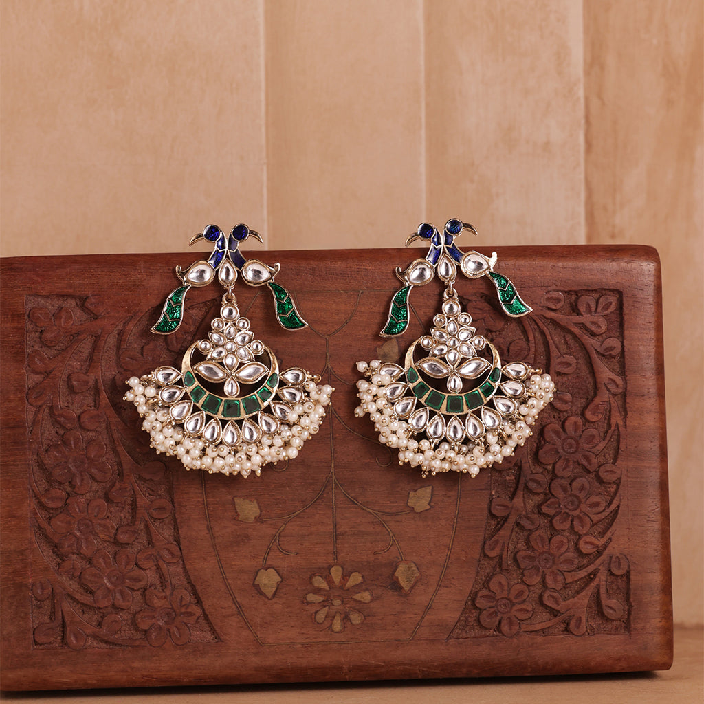 Golden Peacock Kundan Drop Earrings with Pearl Fringe