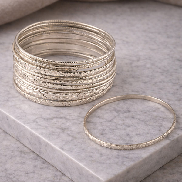 Silver-Plated Textured Classic Bangles Set (Set of 12)