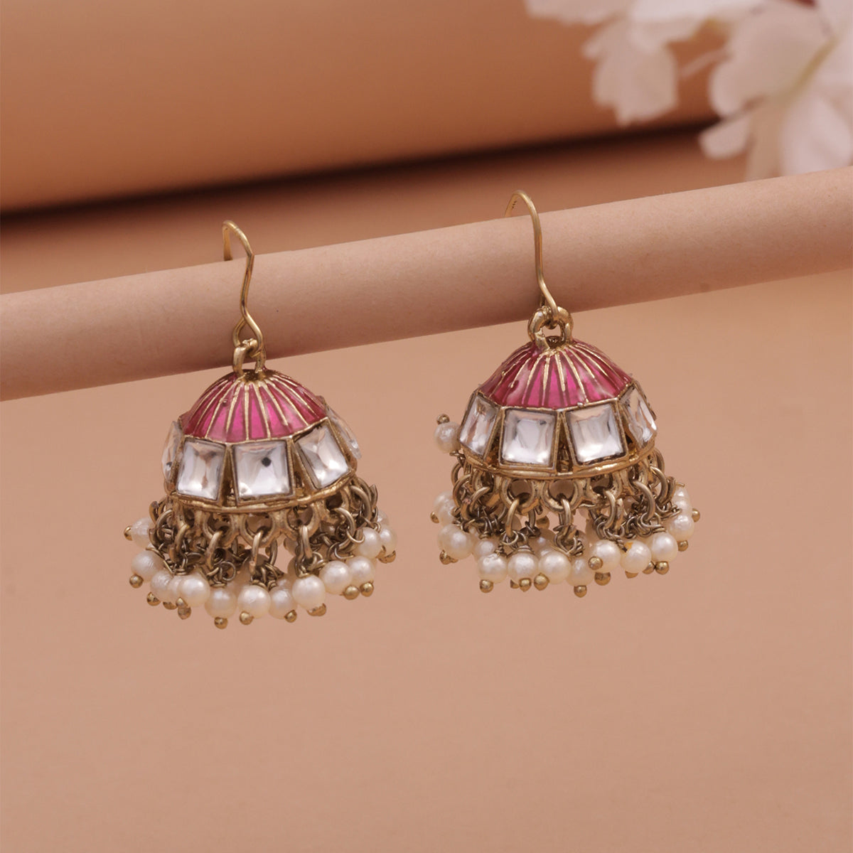 Rosette Kundan Dome Jhumkas with Pearl Tassels