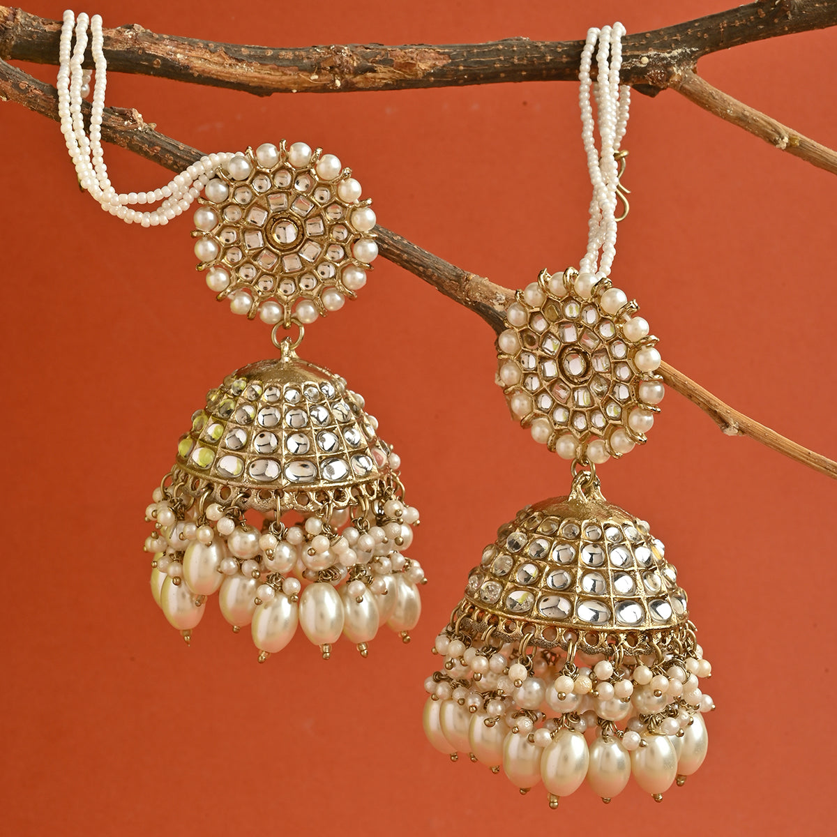 Blush Pink Heavy Jhumka Earring With Ear Chain