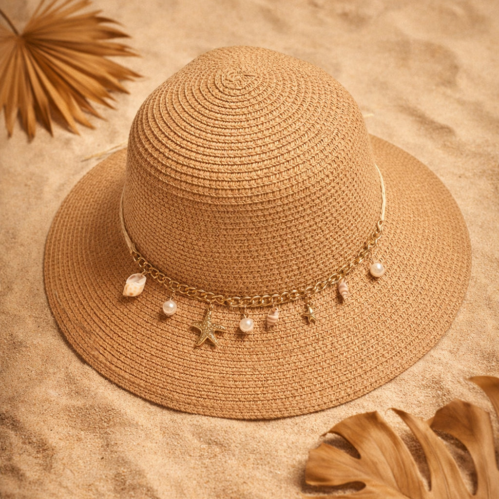 Brown Woven Straw Sun Hat with Shell, Pearl & Starfish Charms