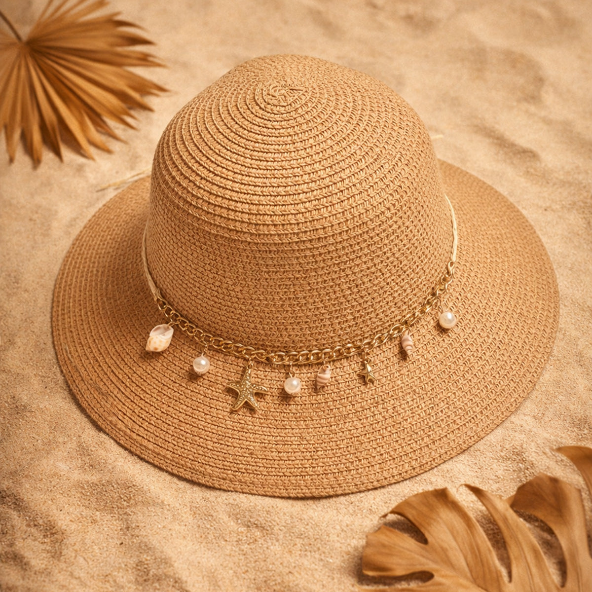 Brown Woven Straw Sun Hat with Shell, Pearl & Starfish Charms