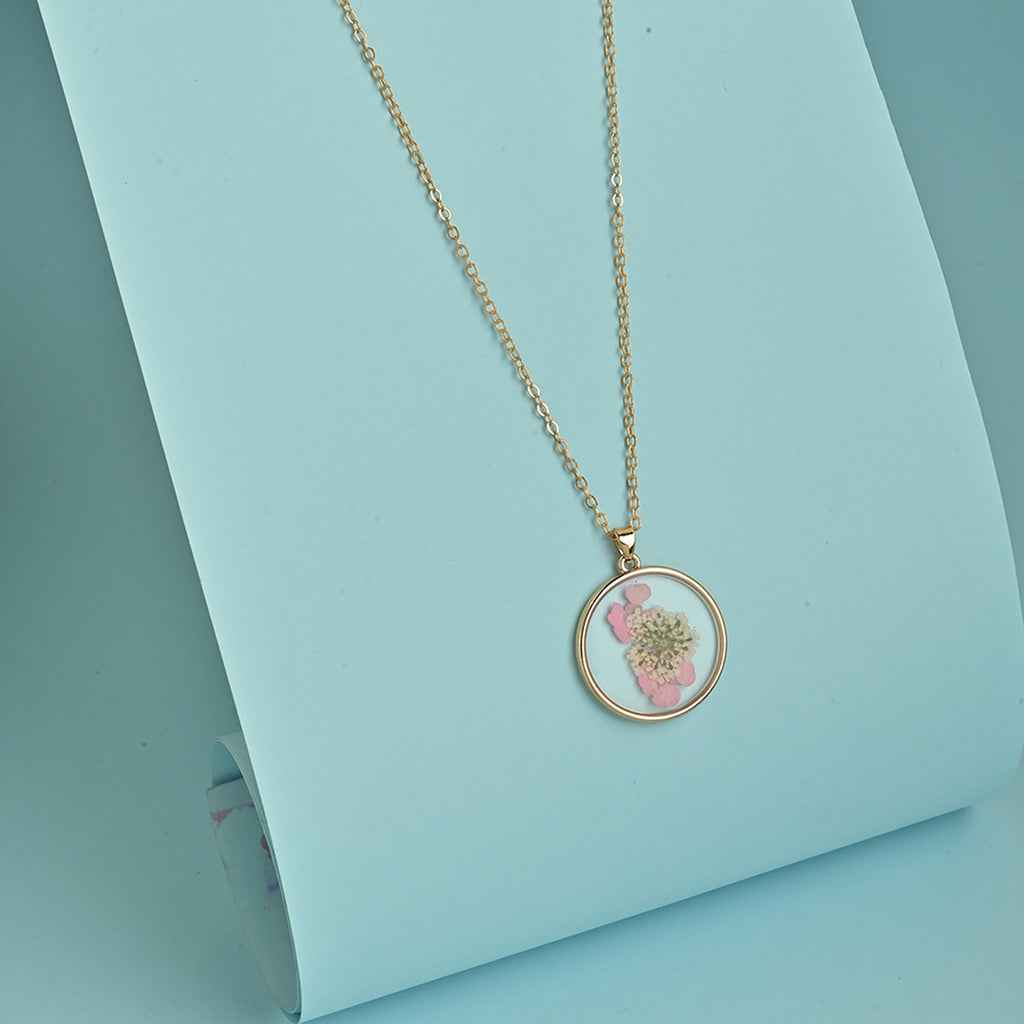 Gold-Toned Preserved Flower Resin Pendant Necklace
