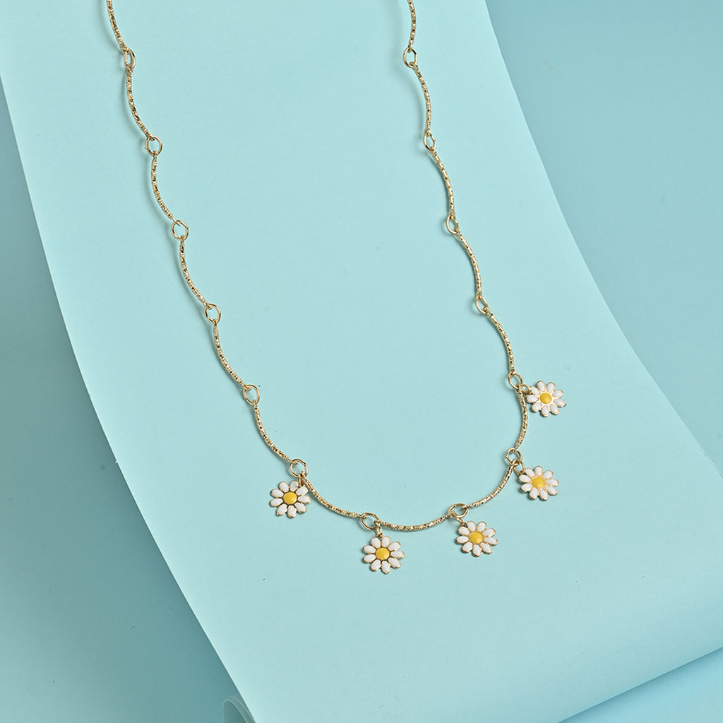 Golden Daisy Multi-Charm Enameled Floral Necklace