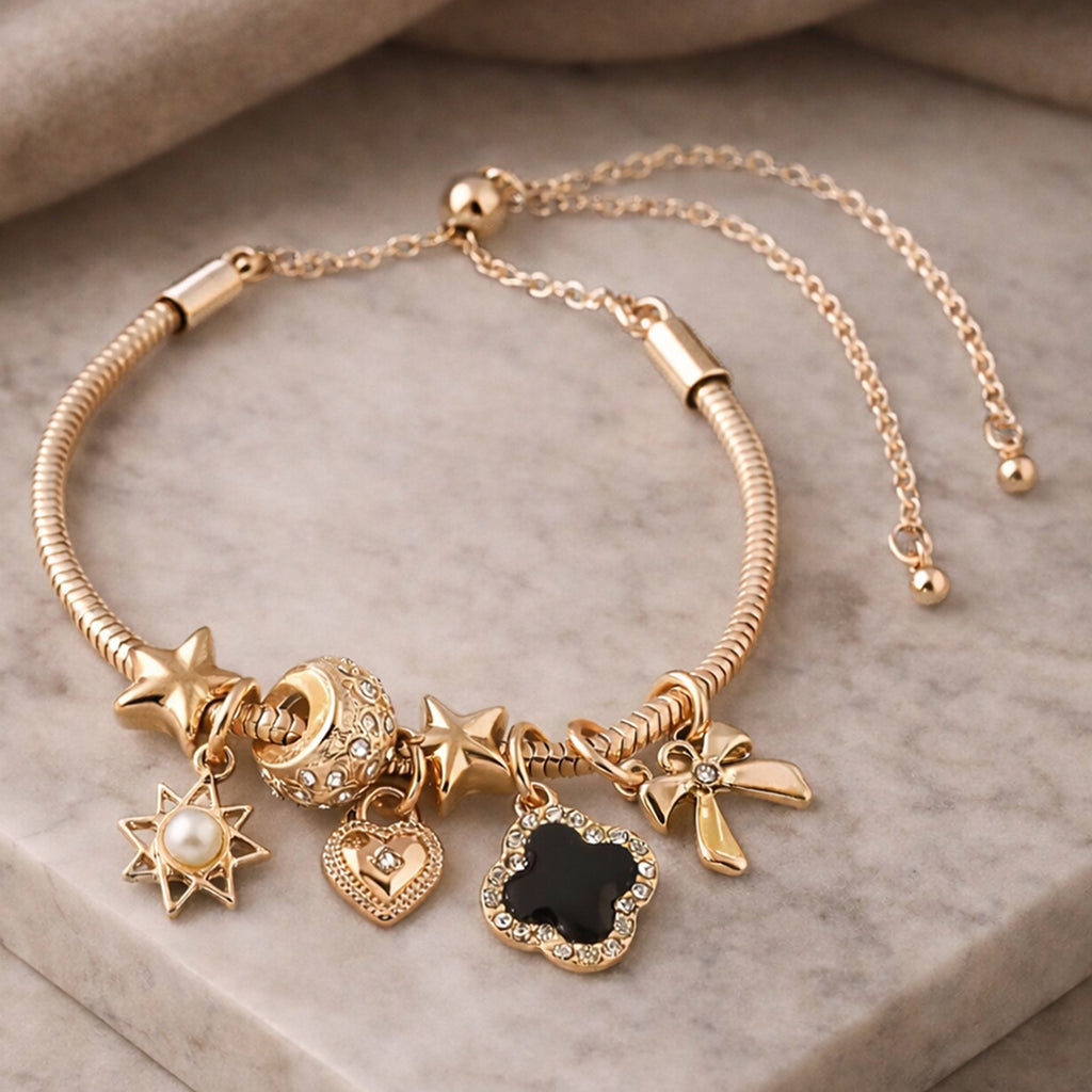 Minimal Golden Heart, Star Multi Charm Bracelet