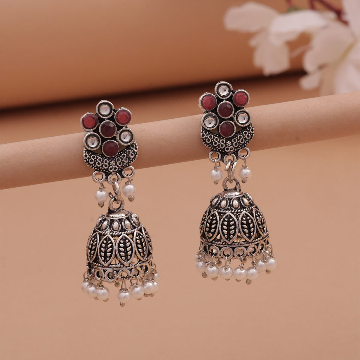 Ruhani Oxidised Maroon-Pearl Jhumka Drops