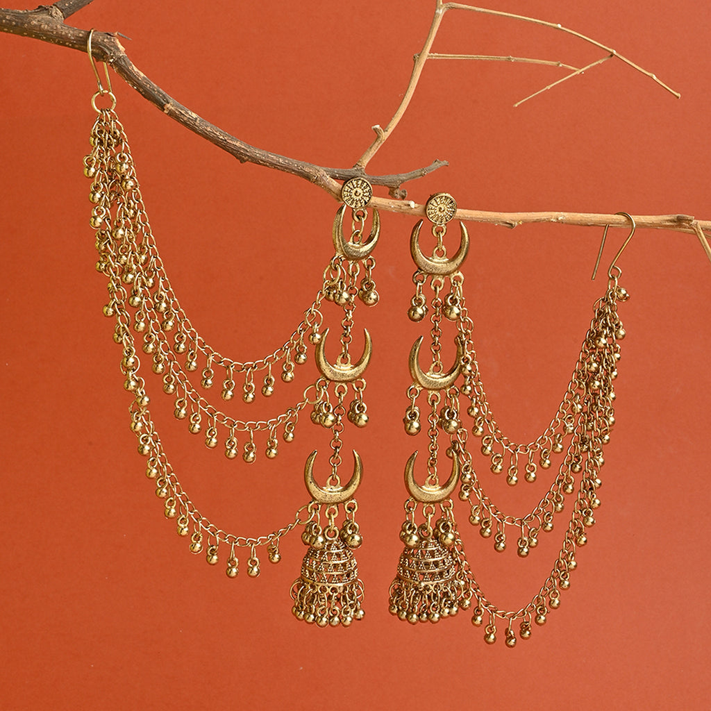 Golden Long Linear Drop Jhumka With Ear Chain