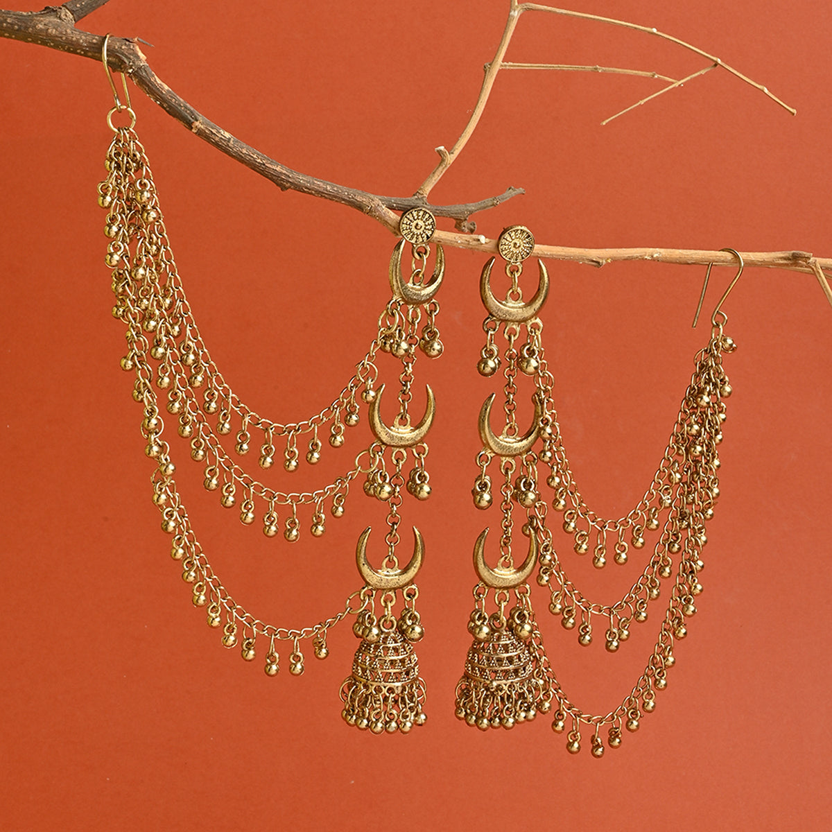 Golden Long Linear Drop Jhumka With Ear Chain