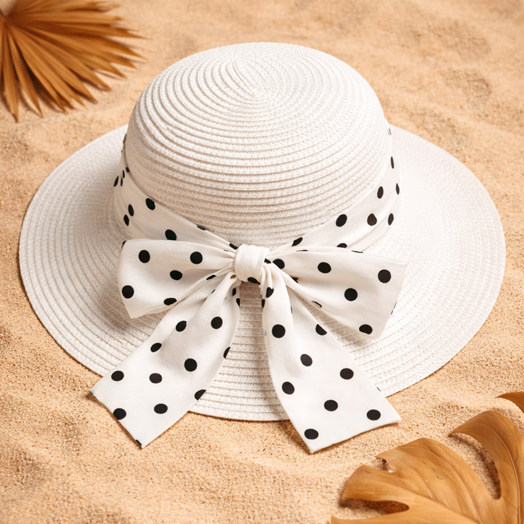White Woven Straw Sun Hat with Polka Dot Bow Scarf
