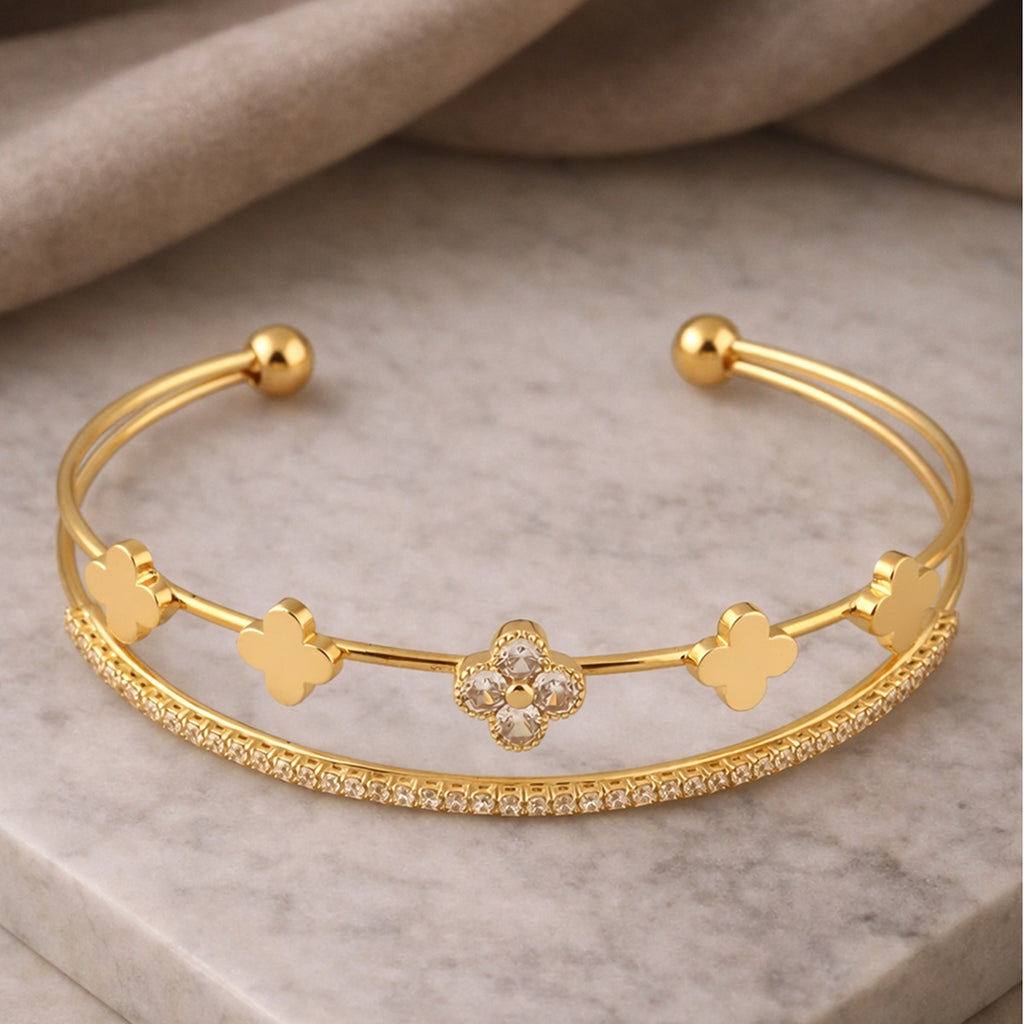Gold-Toned CZ Clover Floral Cuff Bracelet