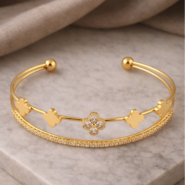 Gold-Toned CZ Clover Floral Cuff Bracelet
