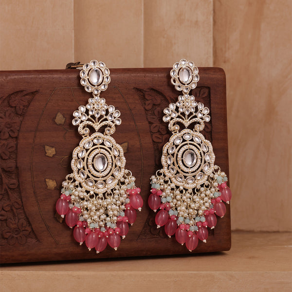 Nazakat Pink & Golden Chandelier Drop Beaded Earrings