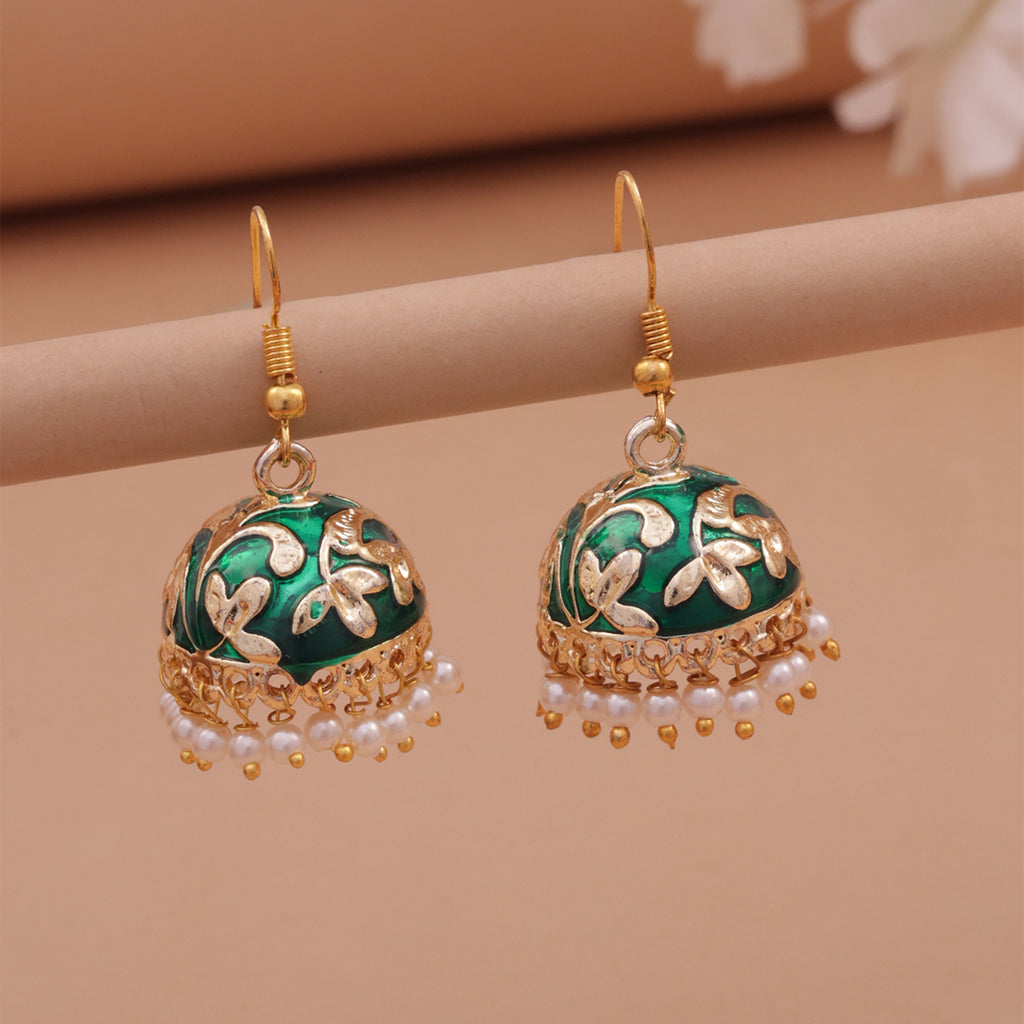 Golden-Green Meenakari Jhumka Earrings with Pearl Drops