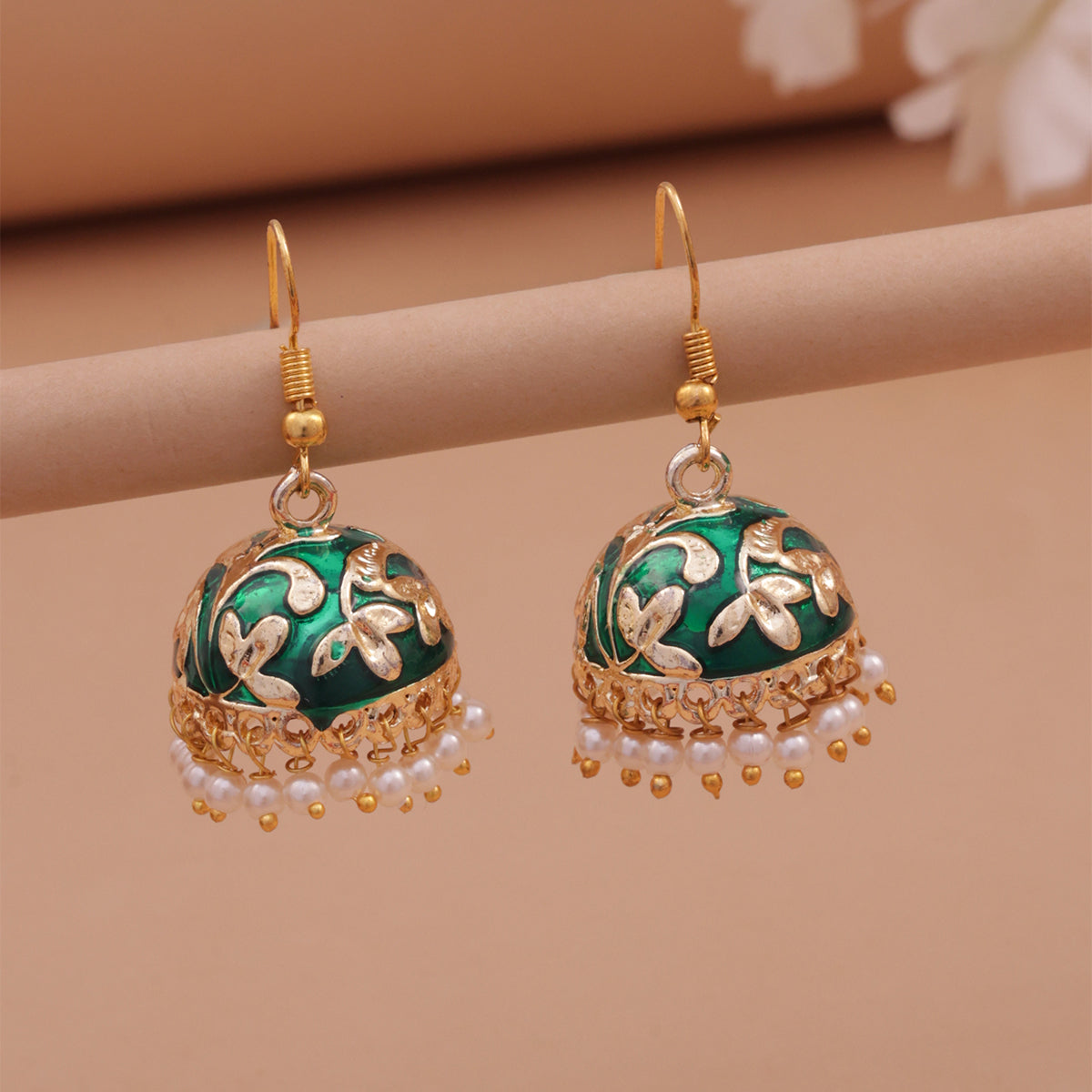 Golden-Green Meenakari Jhumka Earrings with Pearl Drops