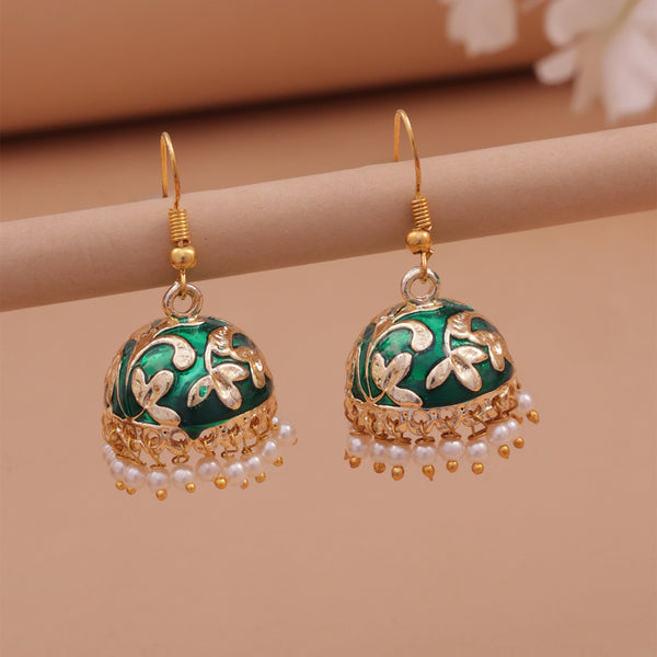 Golden-Green Meenakari Jhumka Earrings with Pearl Drops