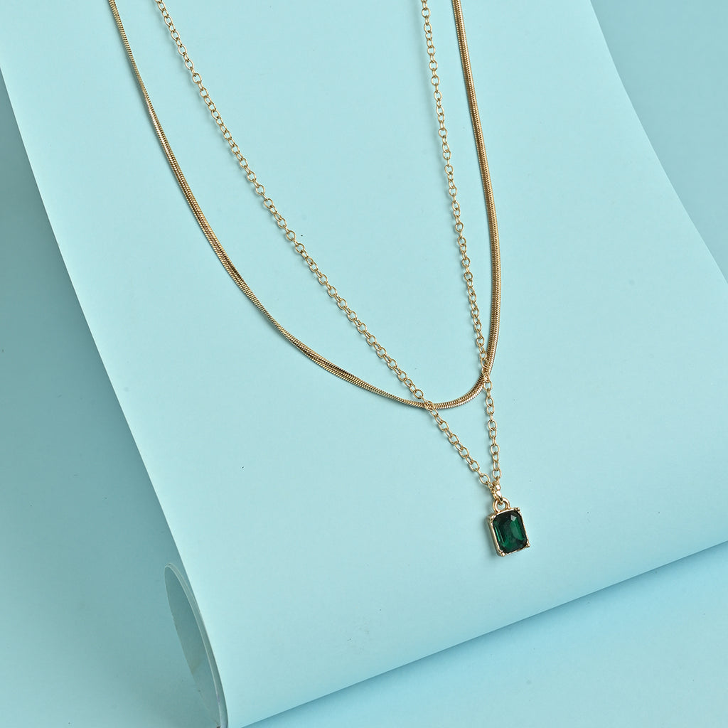Golden Layered Necklace with Green Square AD Pendant