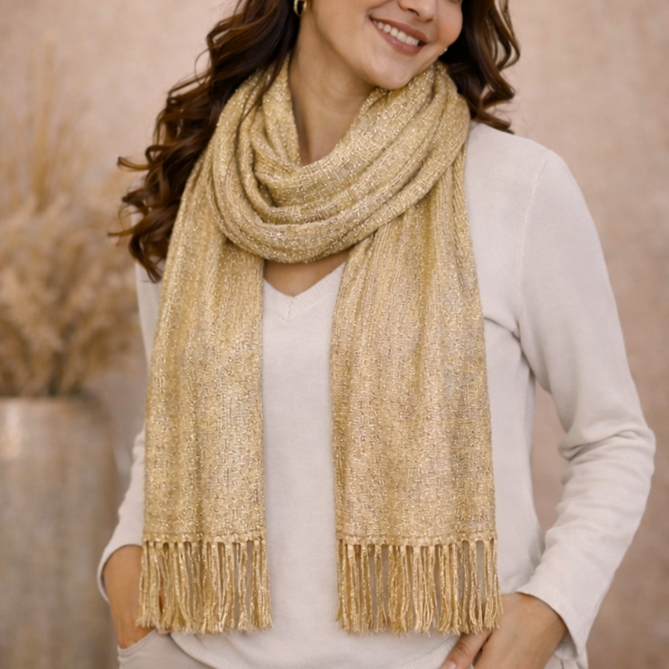 Dazzling Solid Gold Zari Weave Scarf with Fringe