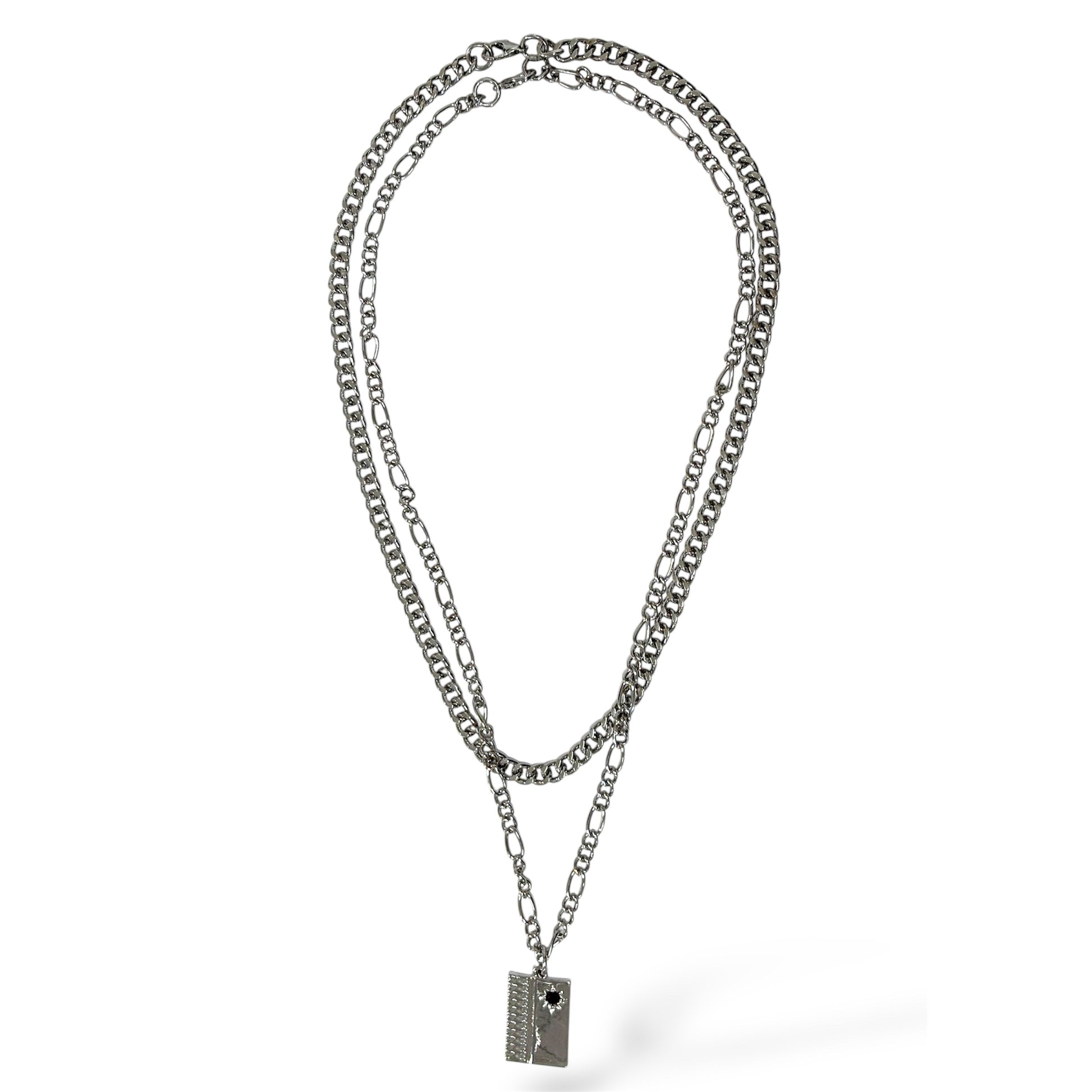 Urban Grid Silver Double-Layer Pendant Necklace for Men