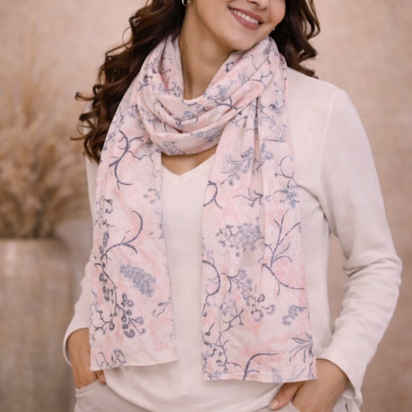 Subtle Black & Off-White Floral Printed Scarf