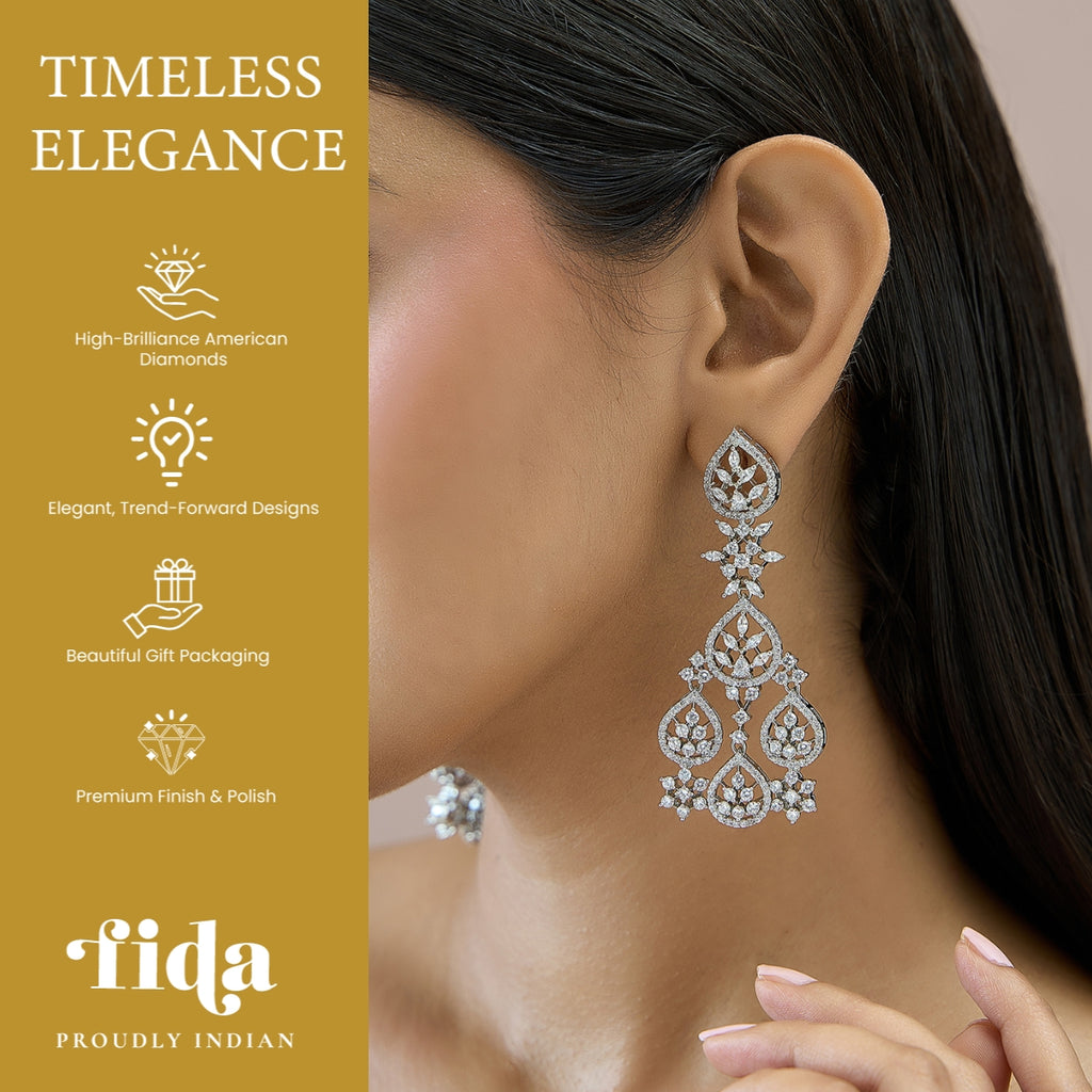 Rhodium Halo White Chandbali Earrings