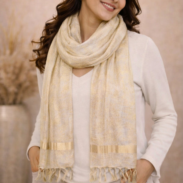Luminous White & Gold Zari Weave Scarf