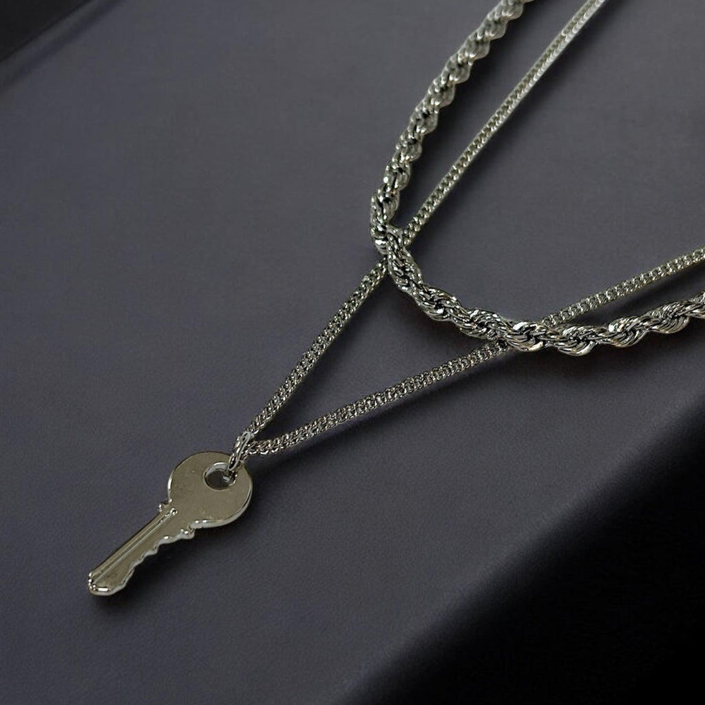 Urban Key-Link Double-Layered Silver Necklace