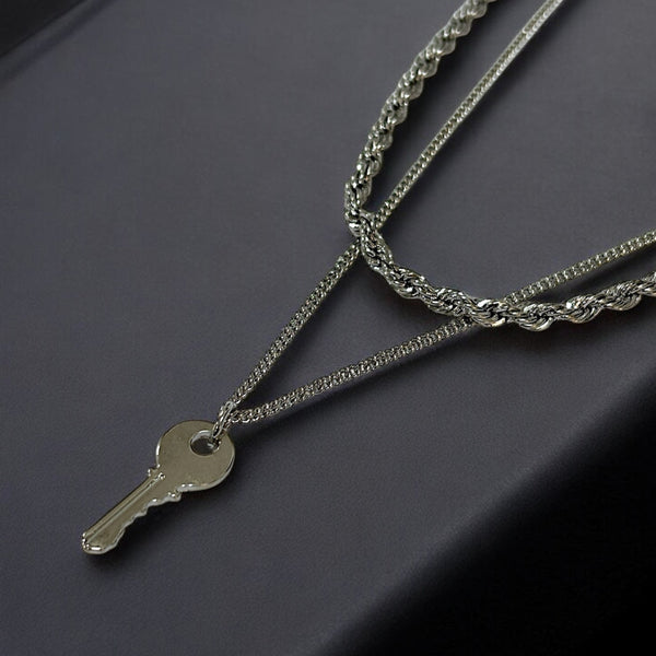 Urban Key-Link Double-Layered Silver Necklace