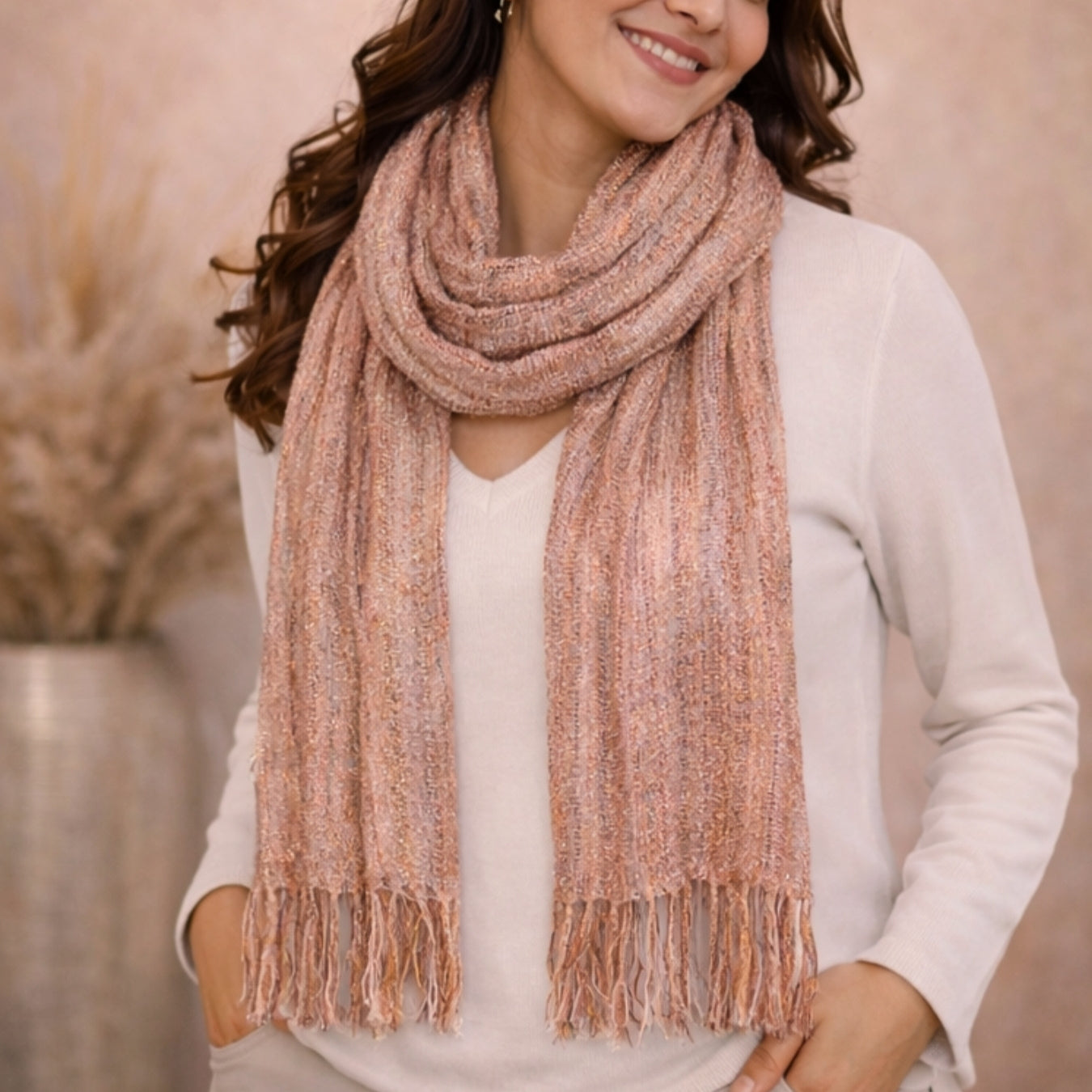 Ethereal Gold & Copper Shimmer Knit Scarf