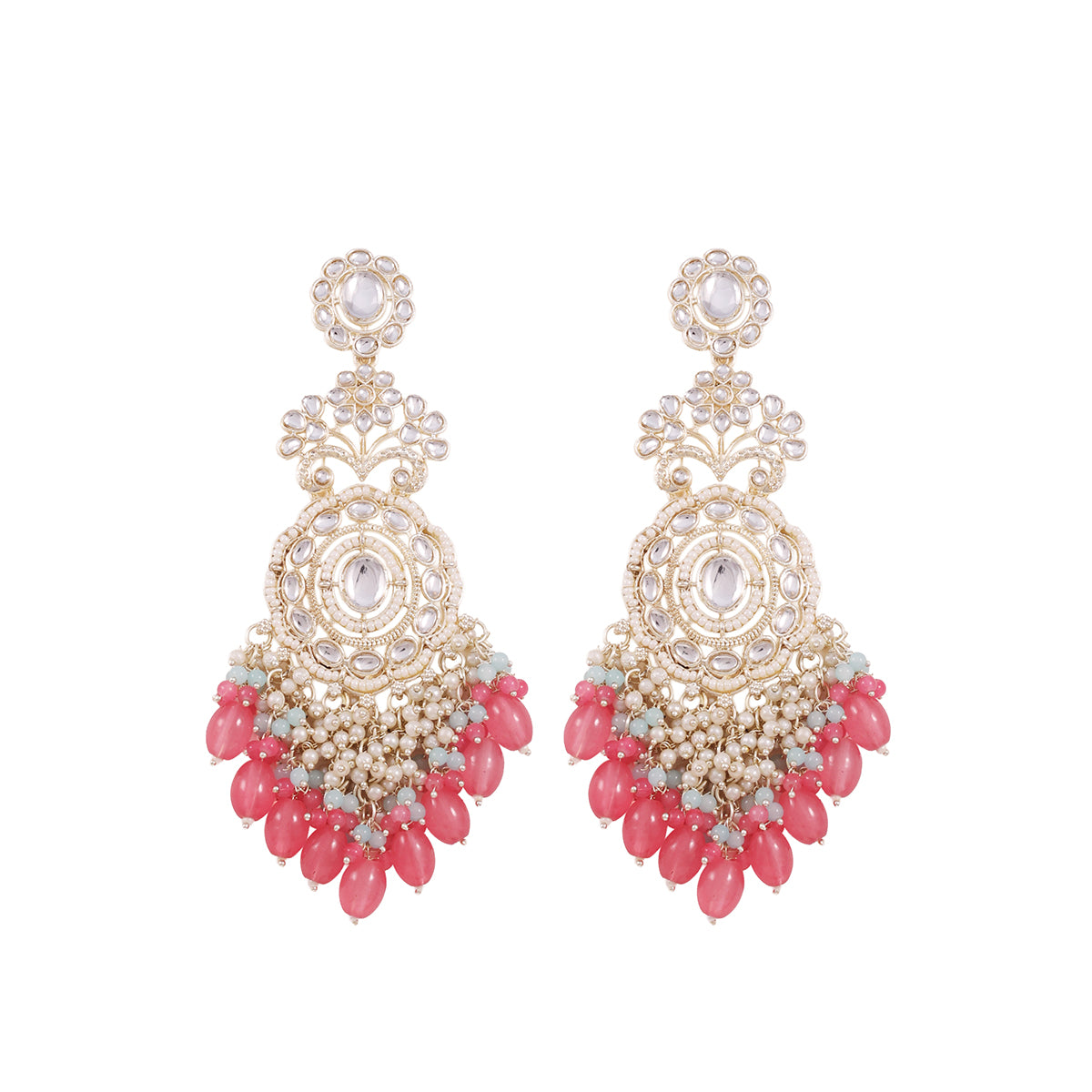 Nazakat Pink & Golden Chandelier Drop Beaded Earrings