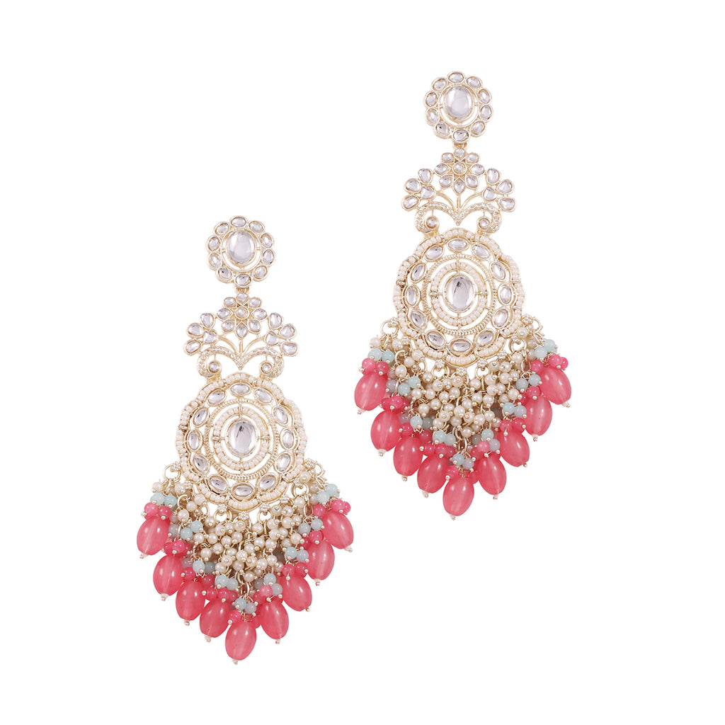 Nazakat Pink & Golden Chandelier Drop Beaded Earrings