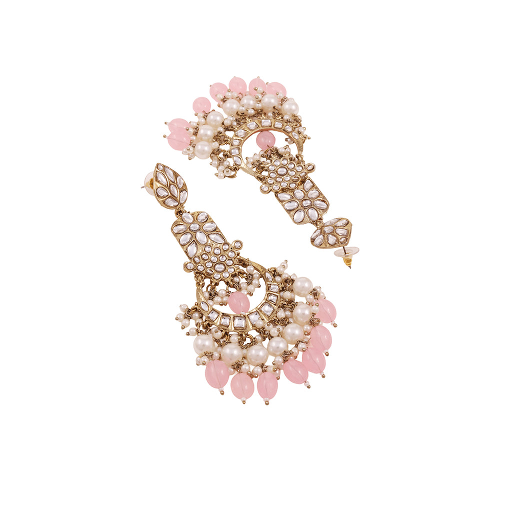 Golden Kundan Chandbali Drop Earrings with Pink Beads and Pearls