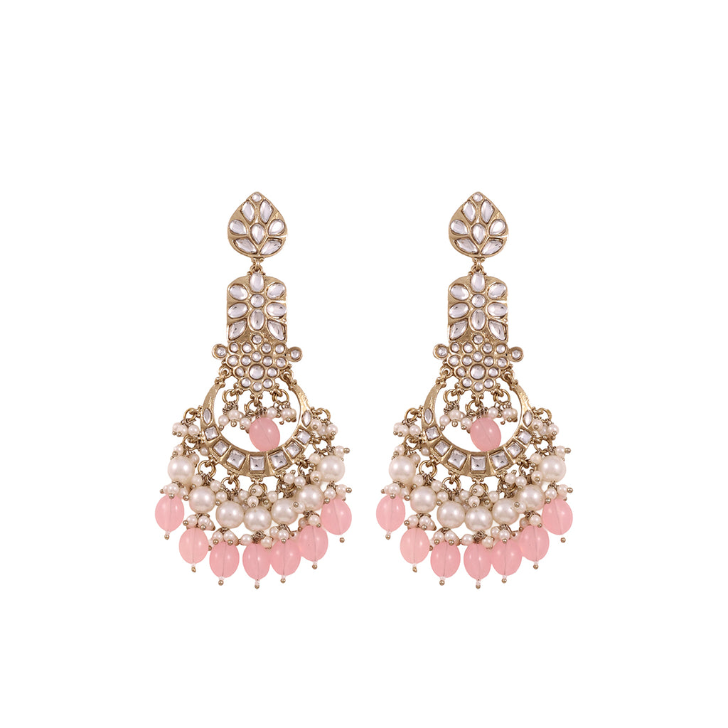 Golden Kundan Chandbali Drop Earrings with Pink Beads and Pearls