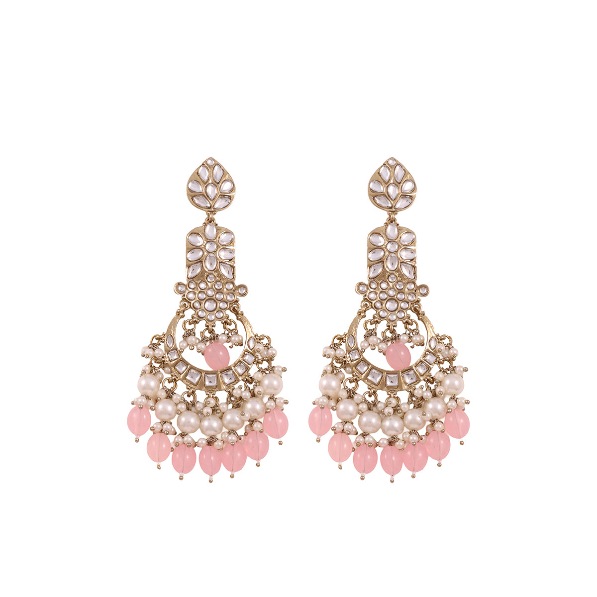 Golden Kundan Chandbali Drop Earrings with Pink Beads and Pearls