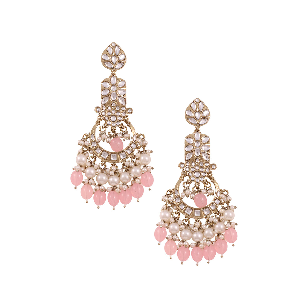 Golden Kundan Chandbali Drop Earrings with Pink Beads and Pearls