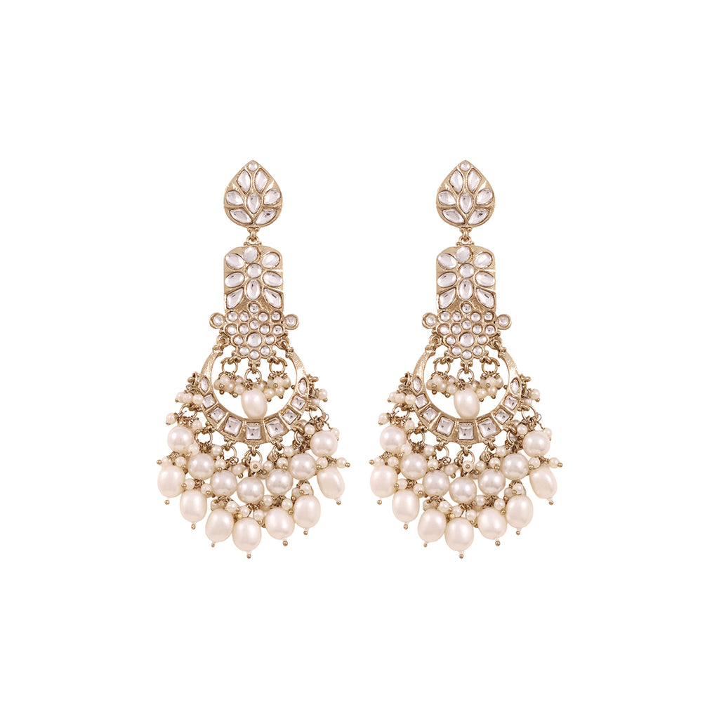 Golden Polki-Inspired Chandbali Pearl Drop Earrings