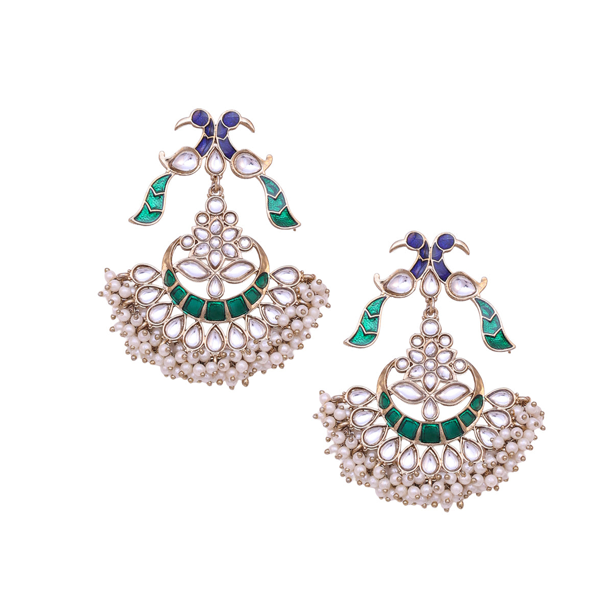 Golden Peacock Kundan Drop Earrings with Pearl Fringe